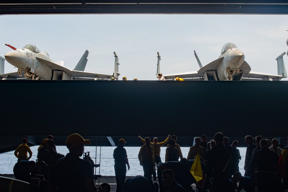 The aircraft carrier USS John C. Stennis (CVN 74) conducts a mass casualty drill