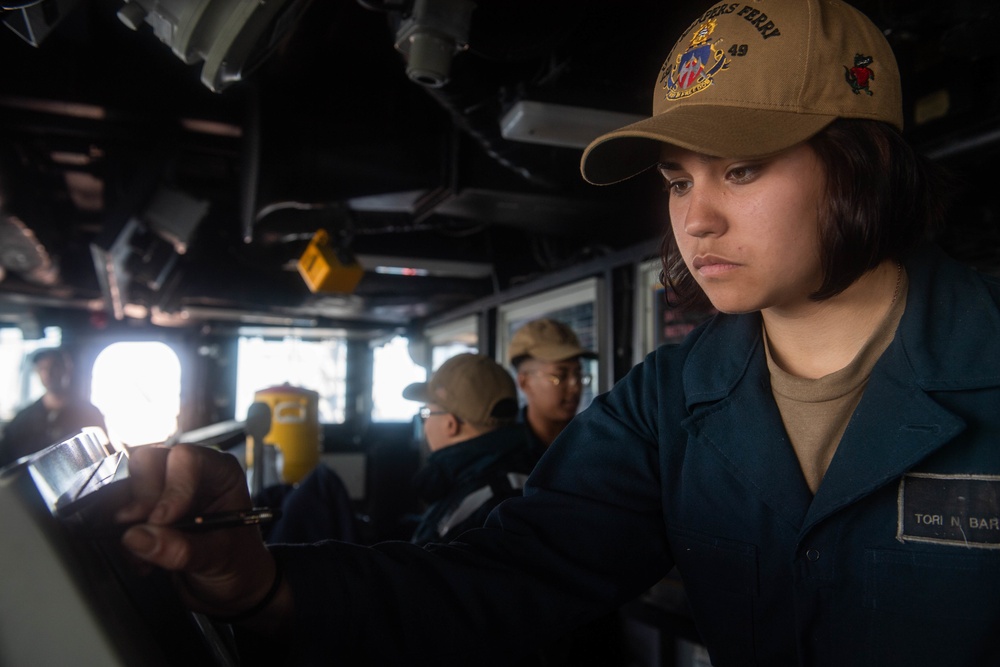 Sailors Stand Watch Aboard USS Harpers Ferry