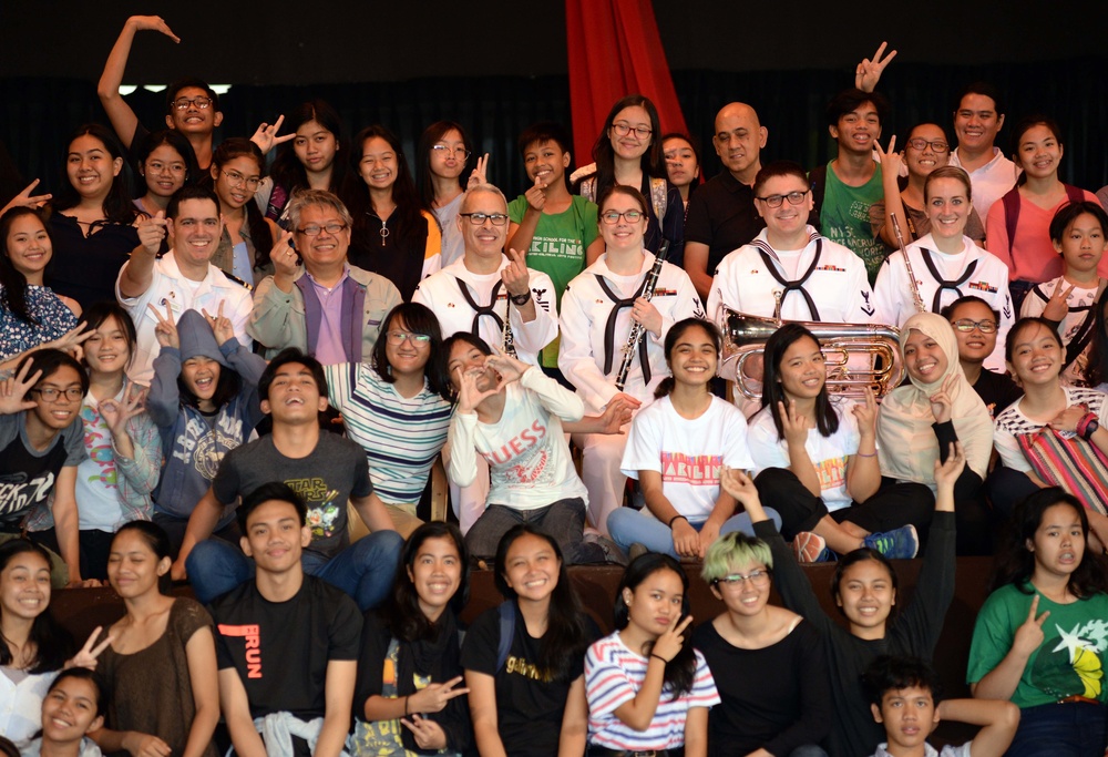 Members of the U.S. 7th Fleet Band perform at the Philippine High School for the Arts