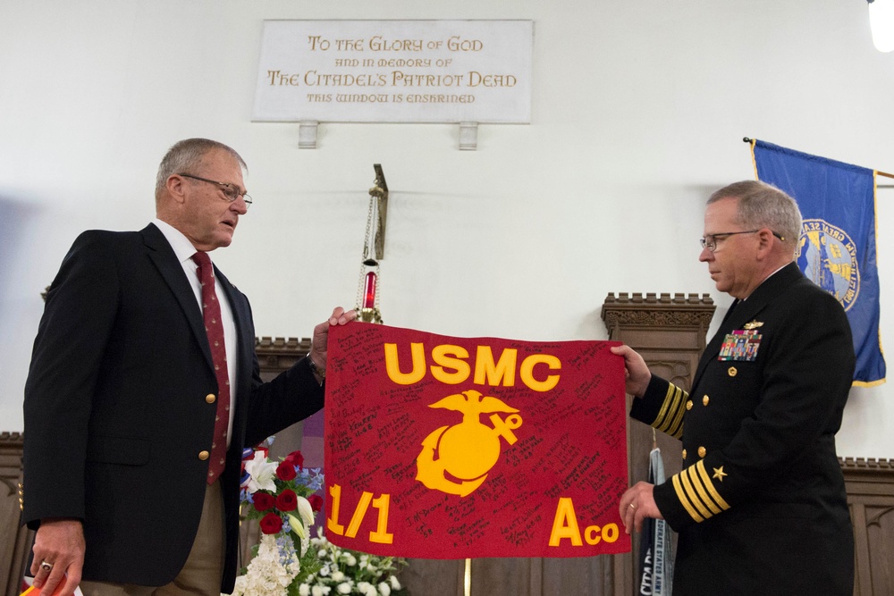 Hue City Marine Presents USS Hue City Commanding Officer With Guidon