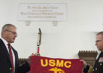 Hue City Marine Presents USS Hue City Commanding Officer With Guidon