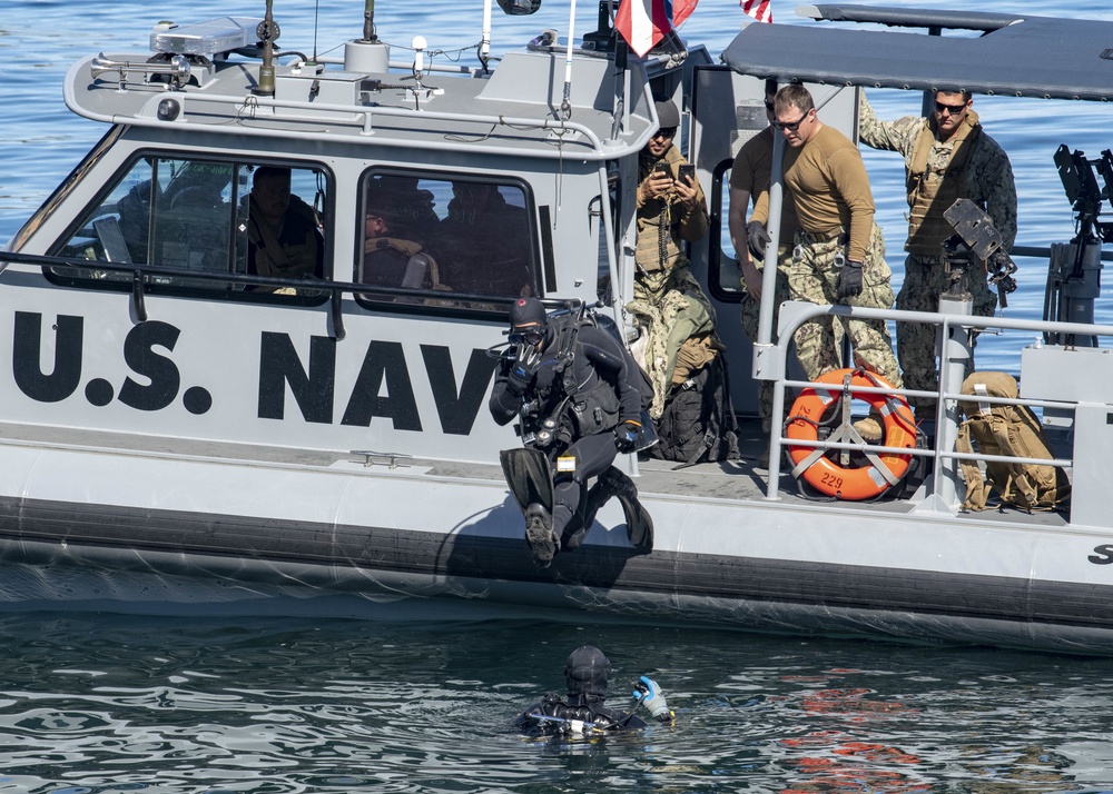 Seabees from UCT-2 and Sailors from CRS-3 and 11 Perform Pier Hydrographic Survey Training at Santa Rosa Island During Pacific Blitz 2019