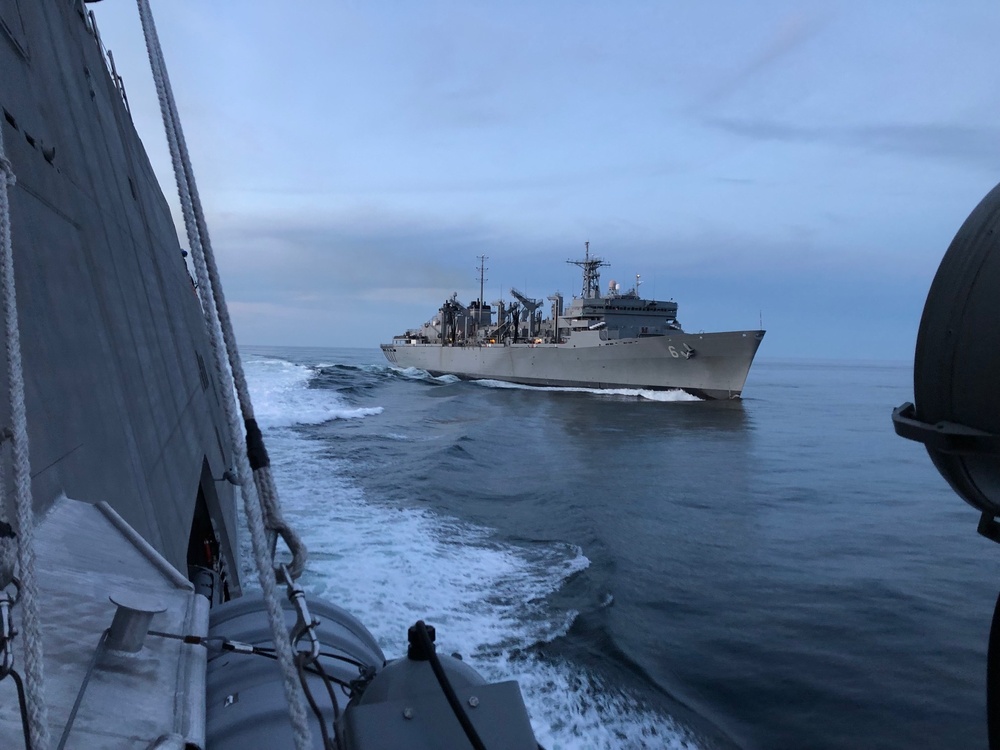 The Littoral Combat Ship USS Sioux City (LCS 11) conducts her first Underway Replenishment