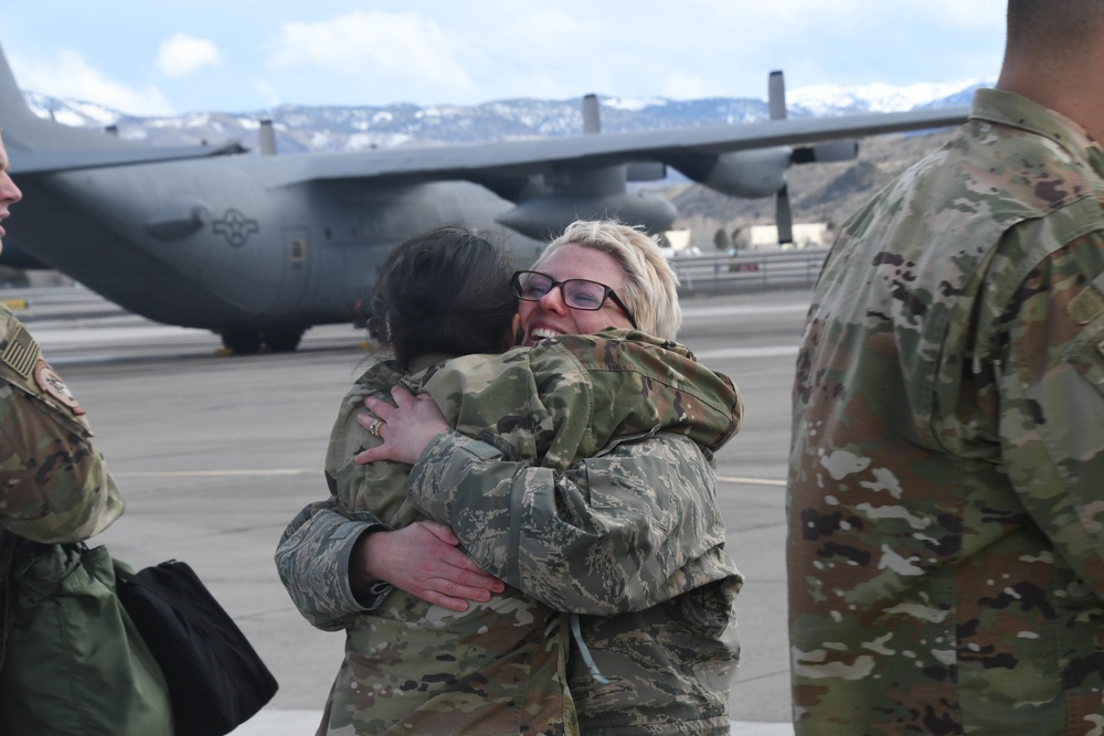 Nevada Air Guardsmen are greeted upon their return from five-month deployment to Middle East