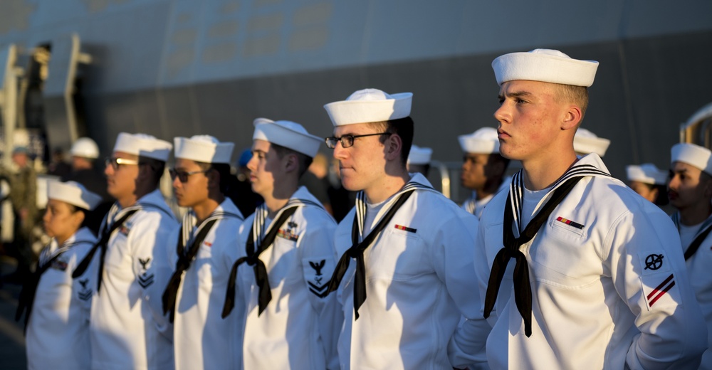 USS Makin Island dress white uniform inspections.