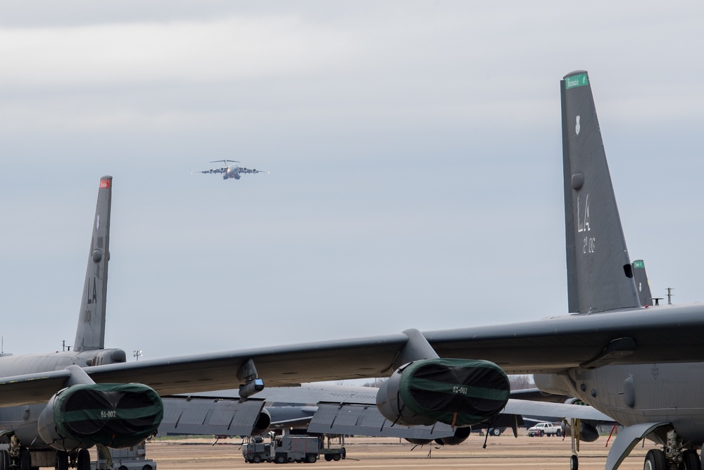 C-17 Globemaster IIIs land at Barksdale Air Force Base