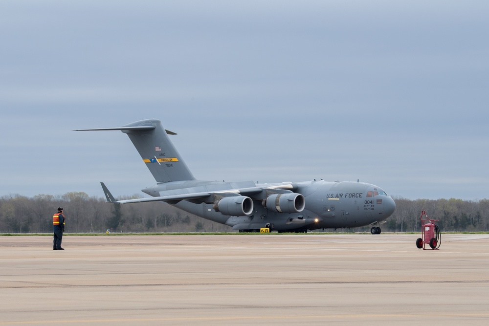 C-17 Globemaster IIIs land at Barksdale Air Force Base