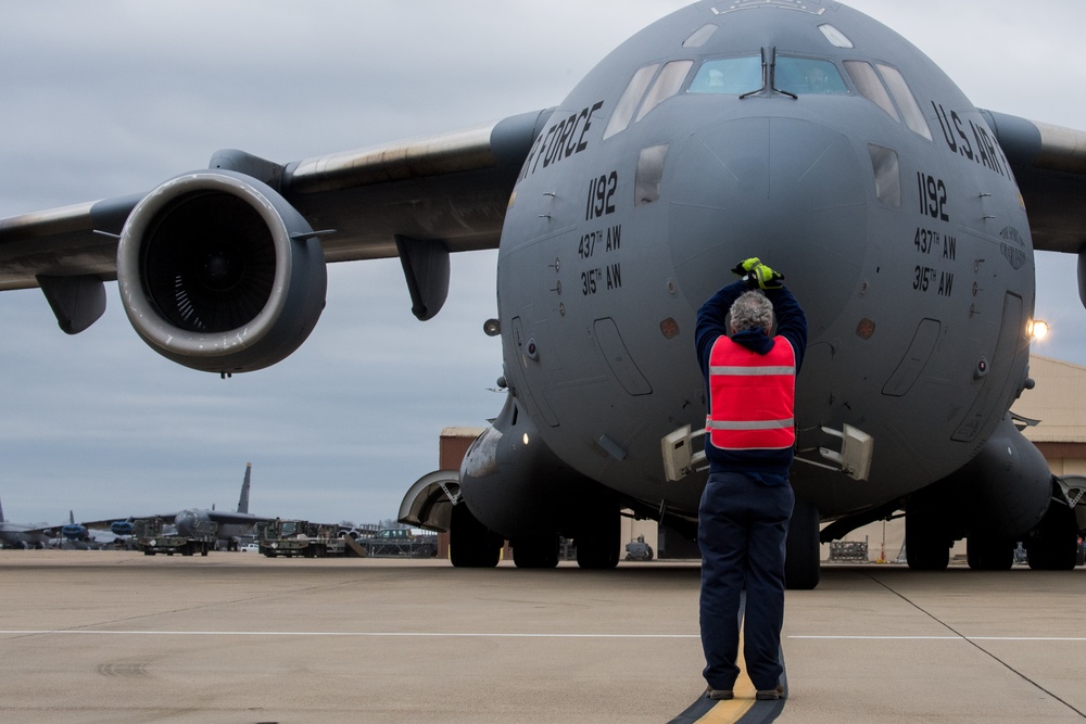 C-17 Globemaster IIIs land at Barksdale Air Force Base