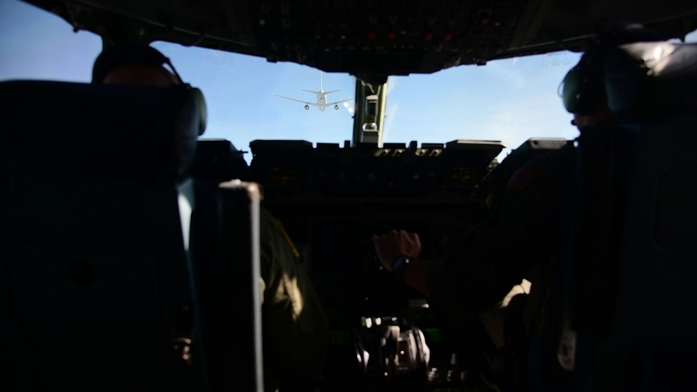 Dover C-17 Globemaster III refuels with KC-46 Pegasus