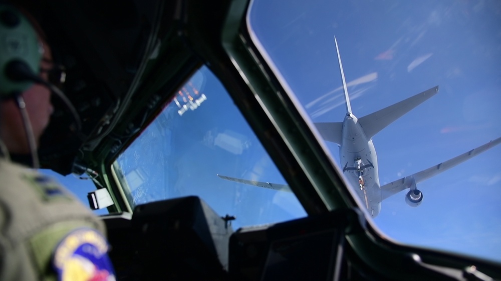 Dover C-17 Globemaster III refuels with KC-46 Pegasus