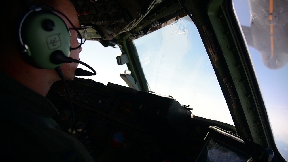 Dover C-17 Globemaster III refuels with KC-46 Pegasus