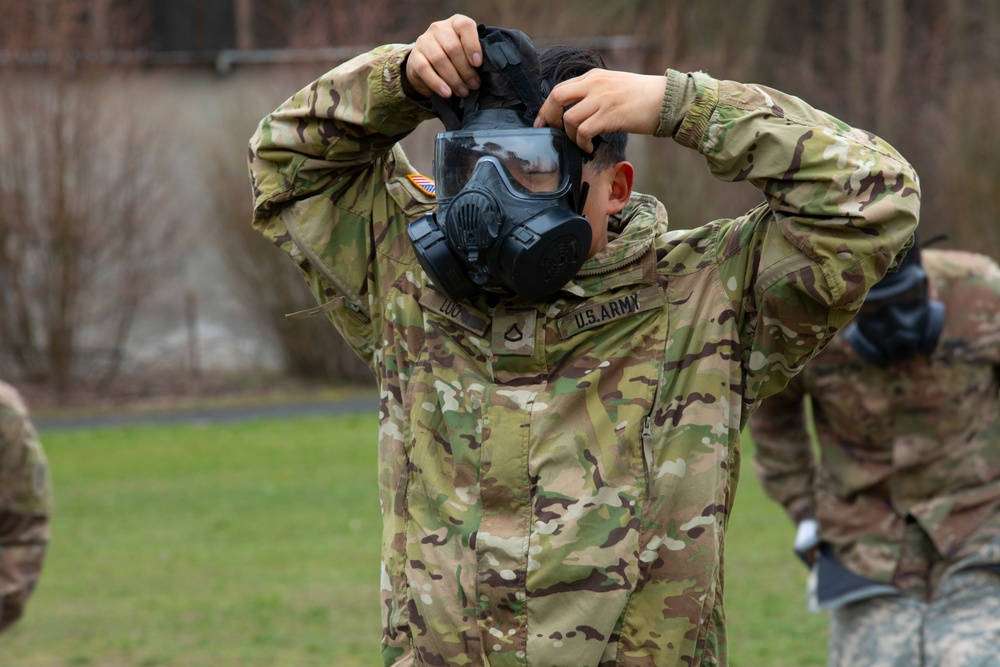 Soldiers from the 101st Brigade Support Battalion learn chemical decontamination.