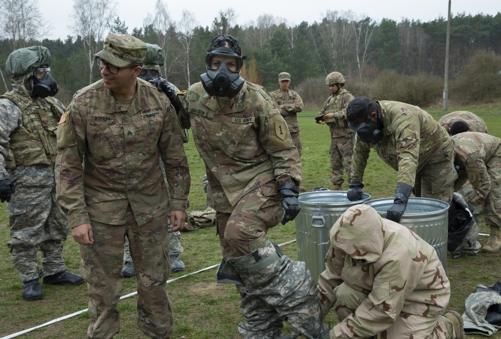 Soldiers from the 101st Brigade Support Battalion learn chemical decontamination.