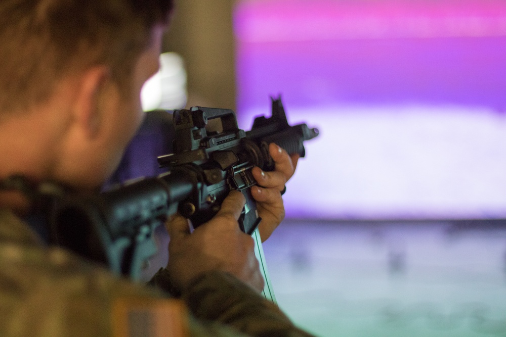 Fort Drum Soldiers training with the Army's Squad Advanced Marksmanship Trainer (SAM-T).