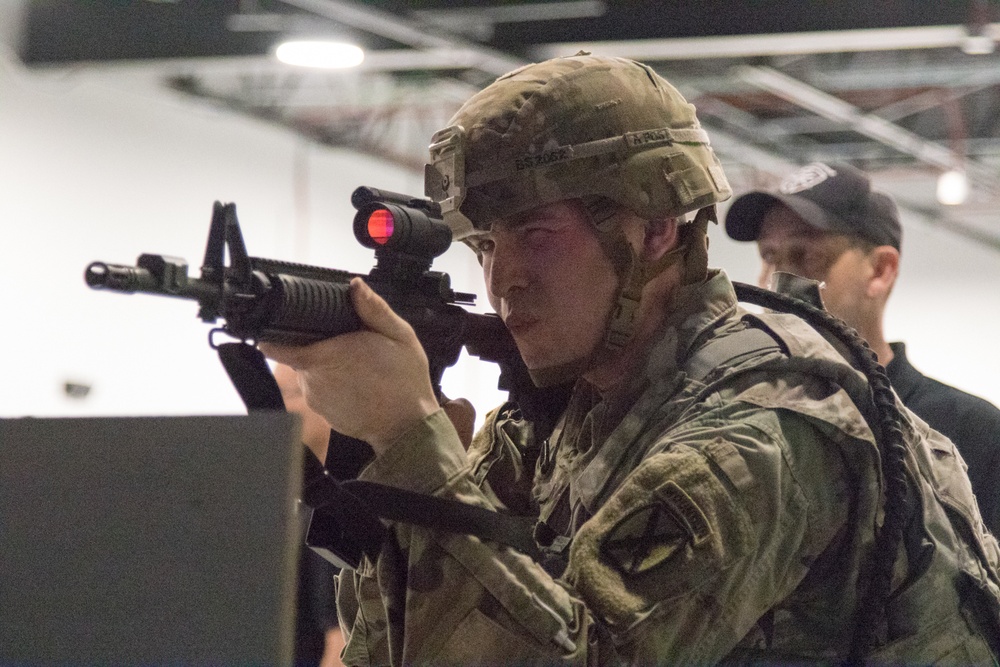 Fort Drum Soldiers training with the Army's Squad Advanced Marksmanship Trainer (SAM-T).