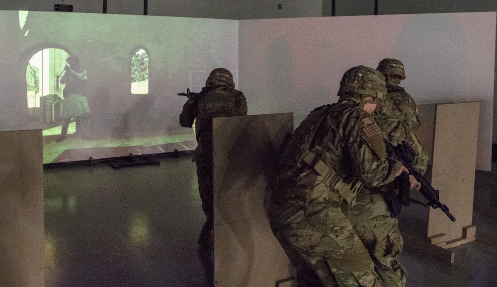 Fort Drum Soldiers training with the Army's Squad Advanced Marksmanship Trainer (SAM-T).