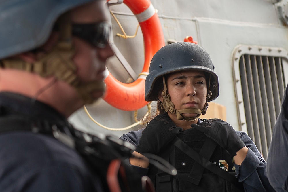 USS Preble performs Visit Board Search and Seizer (VBSS) drills onboard.