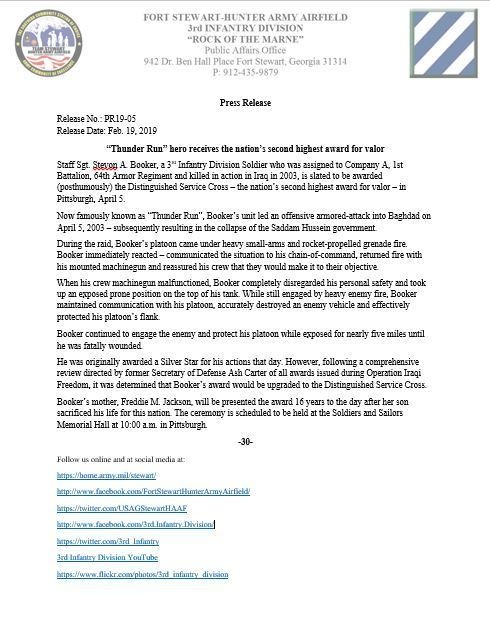 Staff Sgt. Stevon Booker Distinguished Service Cross Initial Press Release