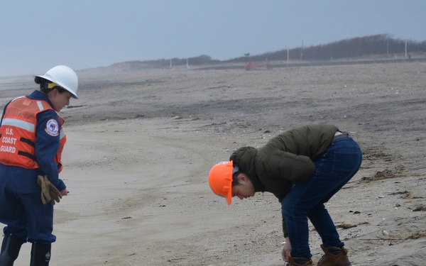 Two individuals are conducting an inspection or assessment on a sandy beach under overcast conditions. One person is wearing a U.S. Coast Guard orange vest and white hard hat, while the other wears a green jacket and orange hard hat and is bent over examining something on the ground. The beach shows scattered debris and seaweed, suggesting a post-storm or environmental assessment scenario.