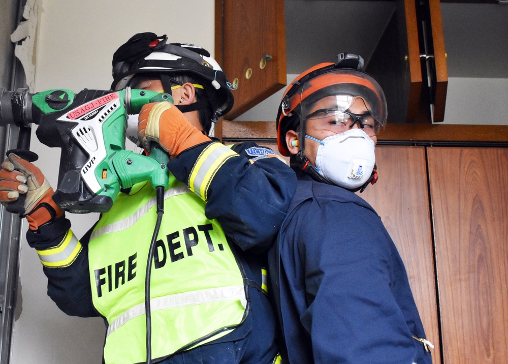 U.S. military firefighters train for earthquakes at Camp Zama