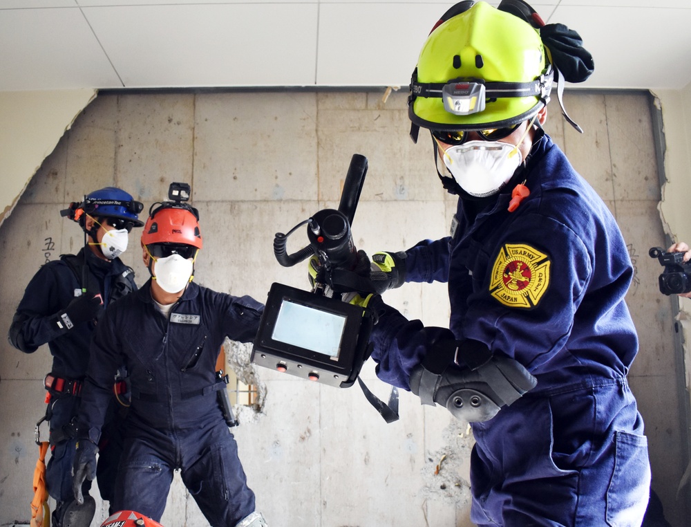 U.S. military firefighters train for earthquakes at Camp Zama