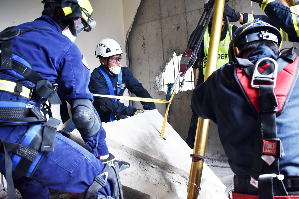 U.S. military firefighters train for earthquakes at Camp Zama