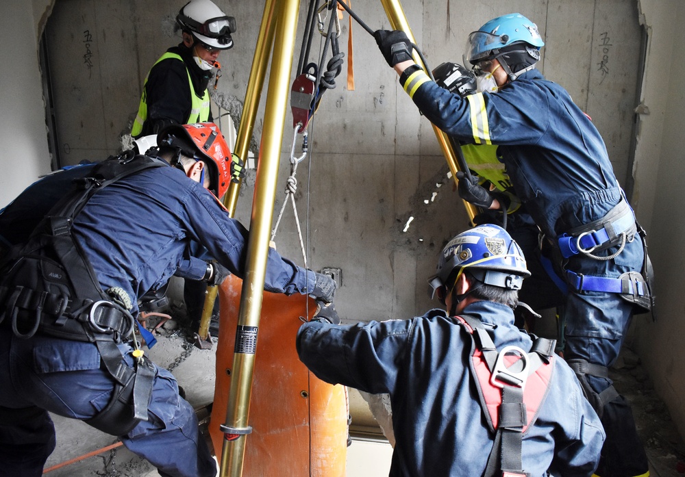 U.S. military firefighters train for earthquakes at Camp Zama
