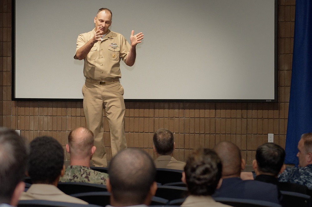 Navy Medicine West Command Master Chief speaks to the staff.