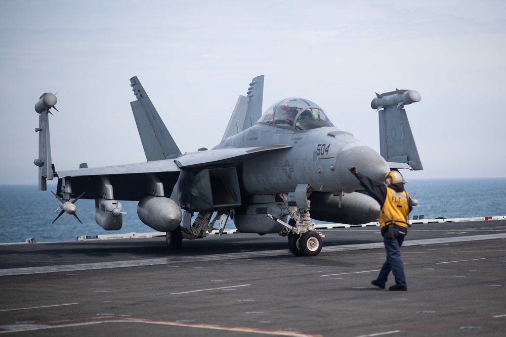 The aircraft carrier USS John C. Stennis (CVN 74) conducts flight operations