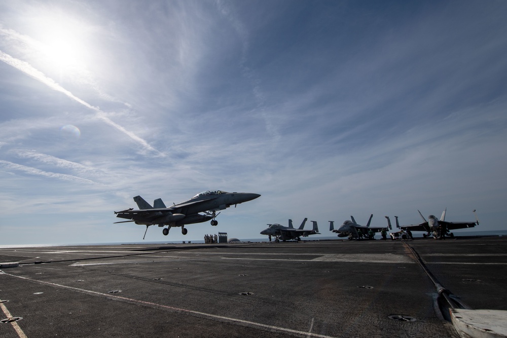 The aircraft carrier USS John C. Stennis (CVN 74) conducts flight operations