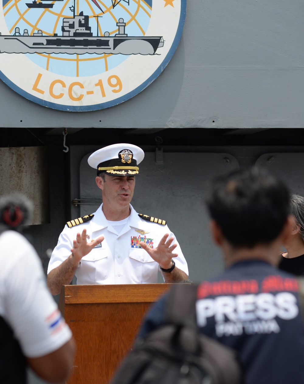 USS Blue Ridge CO Speaks to the Media in Thailand.