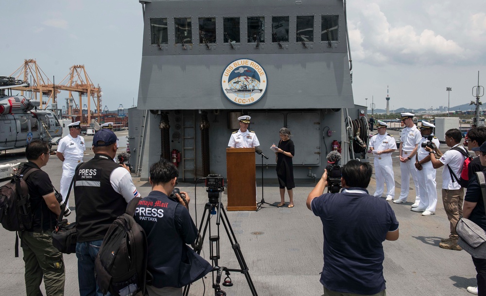 USS Blue Ridge CO Speaks to the Media in Thailand.