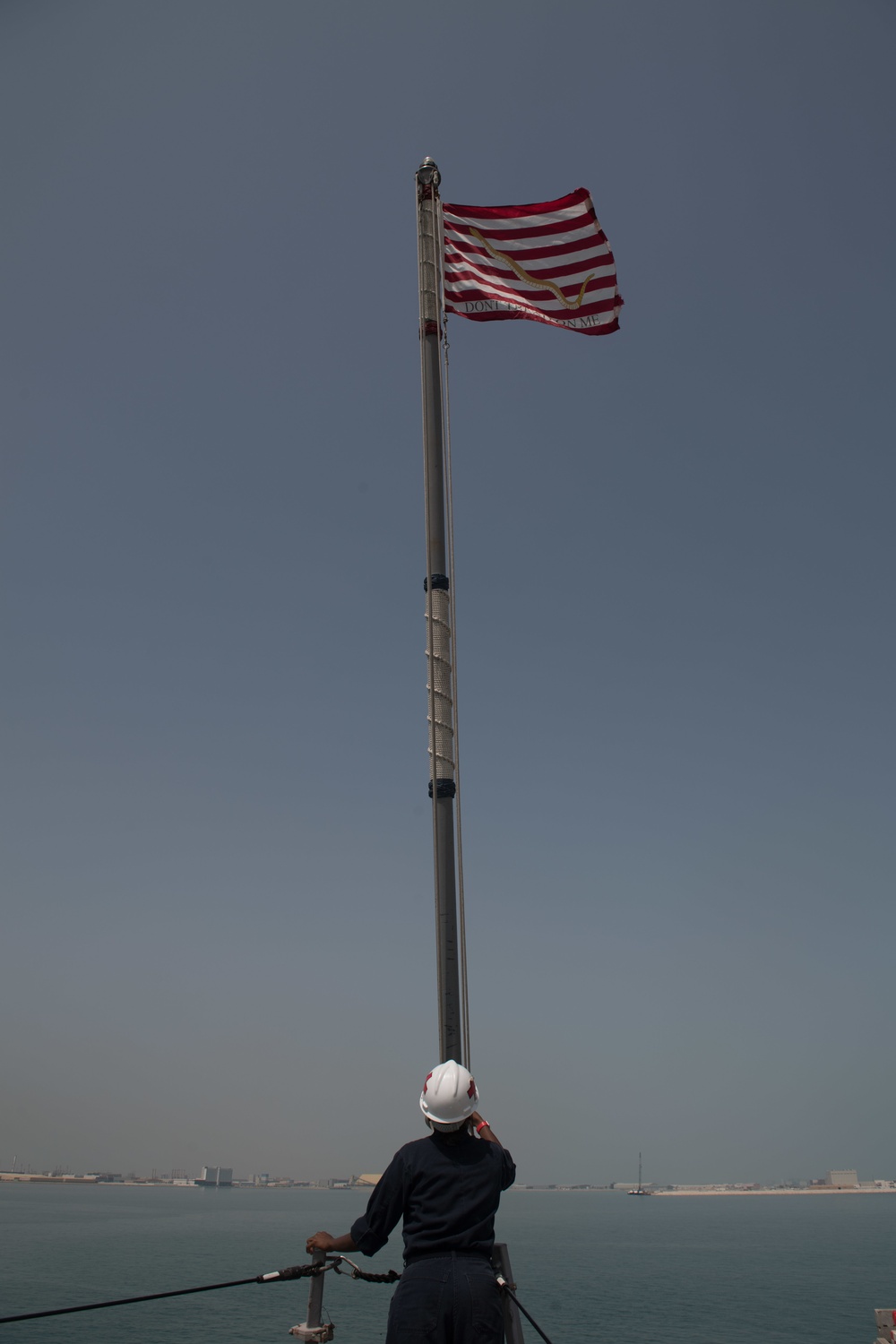 U.S. Navy Hospital Corpsman 1st Class Janine Pugh, from Philadelphia, raises a flag aboard the guided-missile destroyer USS Chung-Hoon