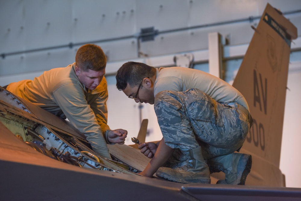 31 AMXS Airmen perform F-16 maintenance
