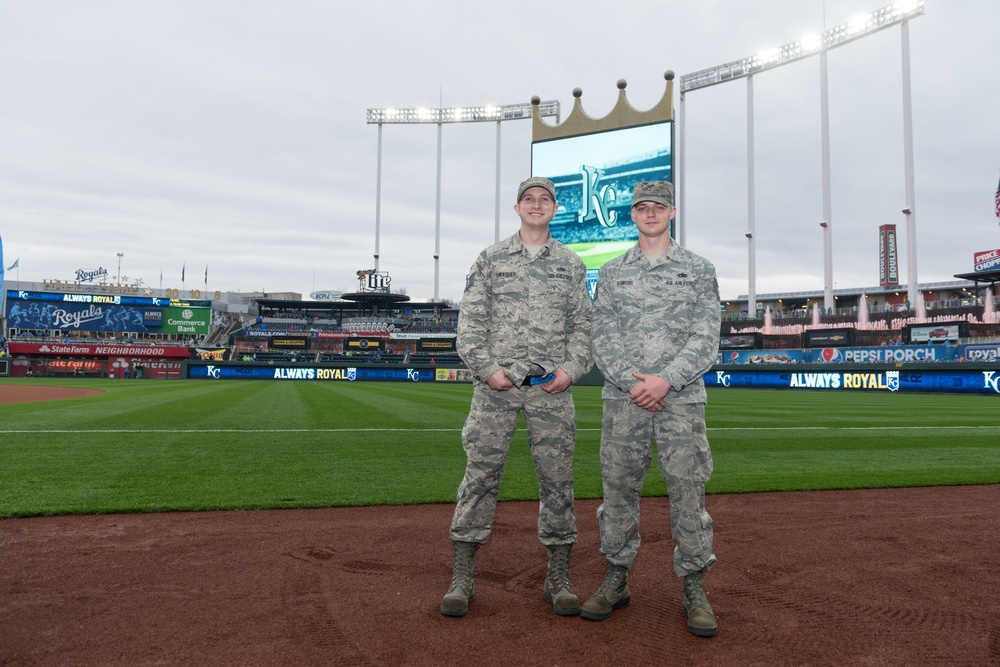Airmen are recognized at the Kansas City Royals opening game