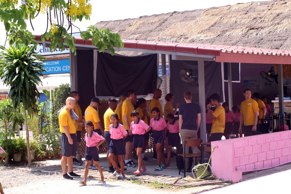 Sailors volunteer in the Thailand community during a U.S. 7th Fleet Flagship USS Blue Ridge community relations event in Pattaya, Thailand.