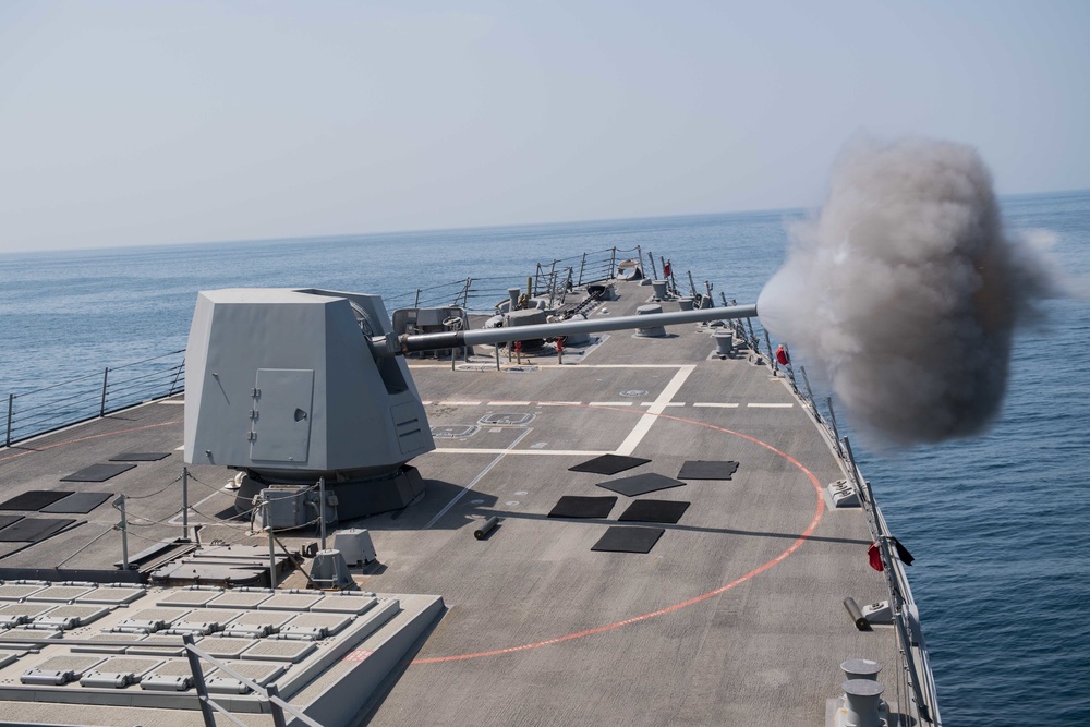 USS Stockdale (DDG 106) fires its five-inch gun during a live-fire exercise