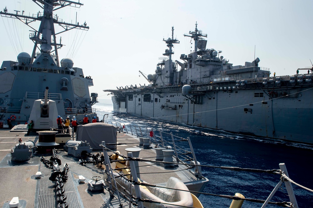 Balikatan 2019: USS Preble And USS Wasp Practice A Underway Replenishment