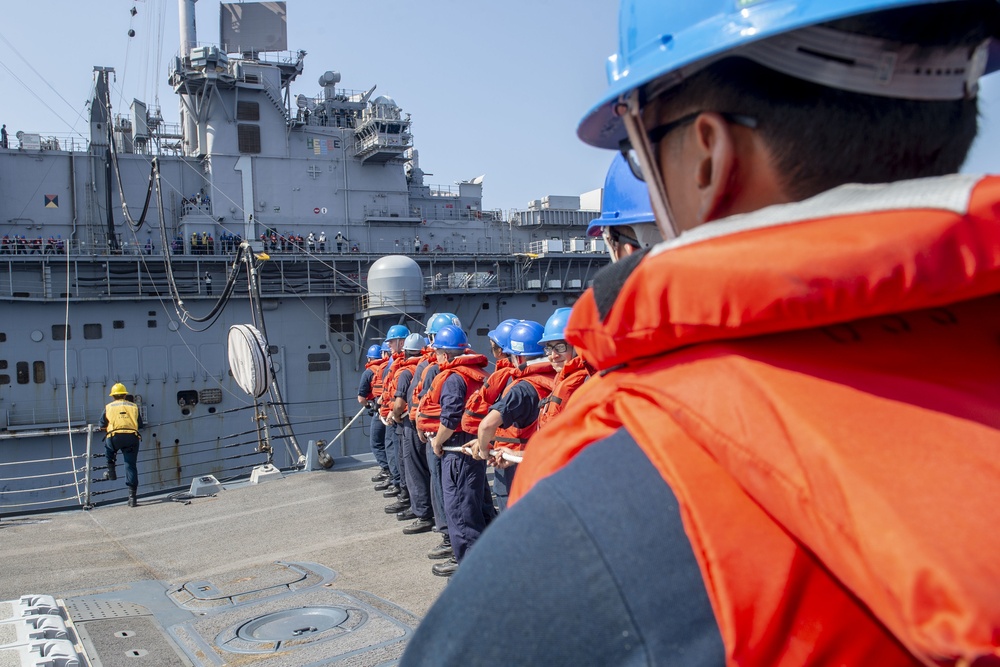 Balikatan 2019: USS Preble And USS Wasp Practice A Underway Replenishment