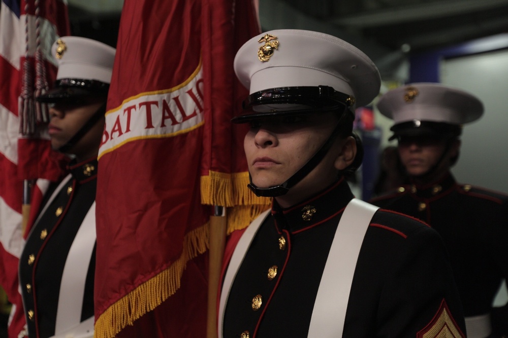 Women Marines present colors during basketball championship