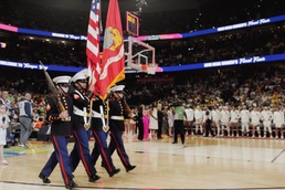 Women Marines present colors during basketball championship