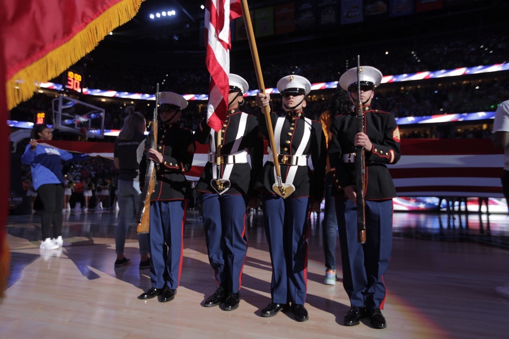 Women Marines present colors during basketball championship