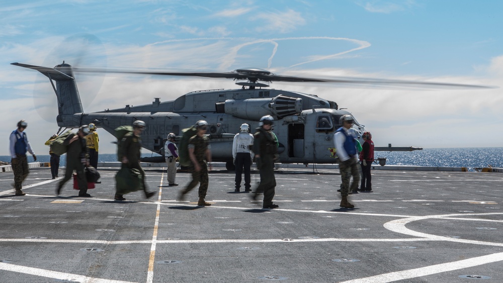 CH-53s load 11th MEU gear onto the John P. Murtha