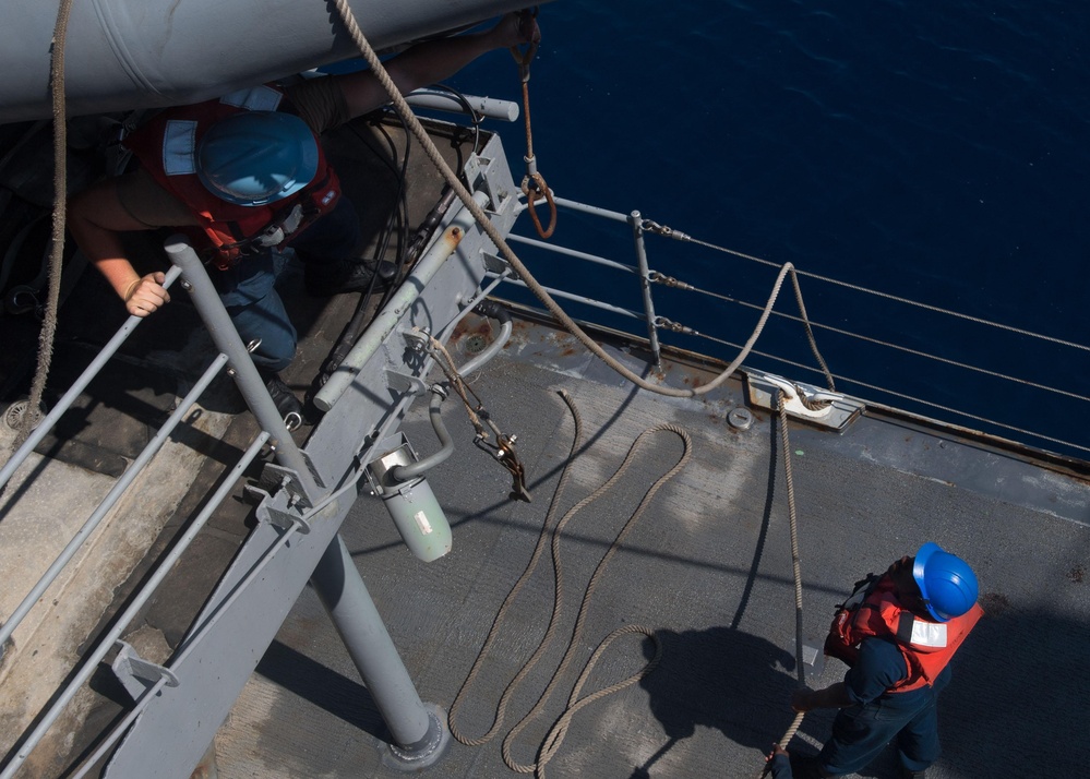 U.S. Sailors prepare for small boat operations aboard USS Mobile Bay