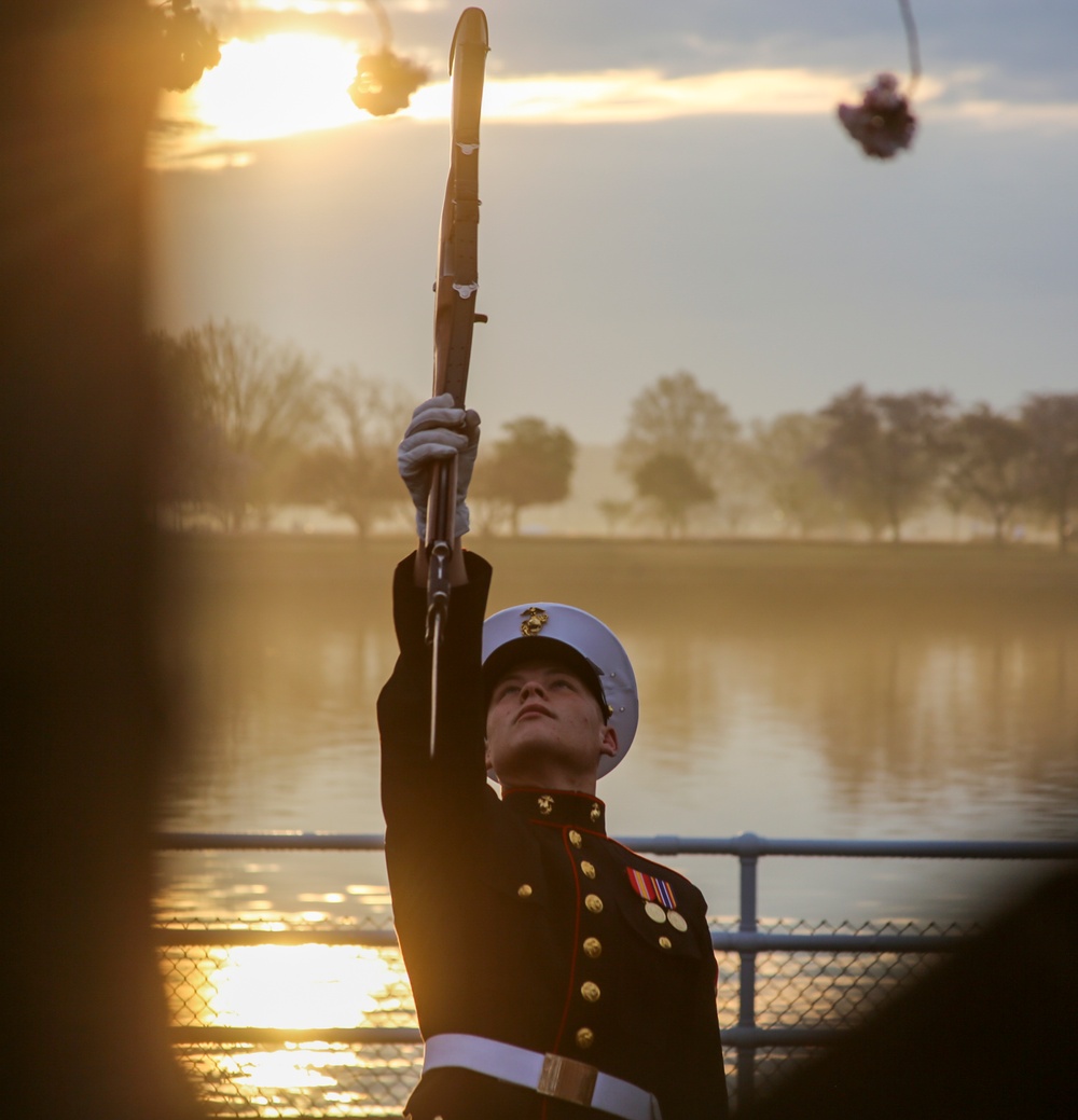 Silent Drill Platoon practices with District's iconic Cherry Blossoms as backdrop