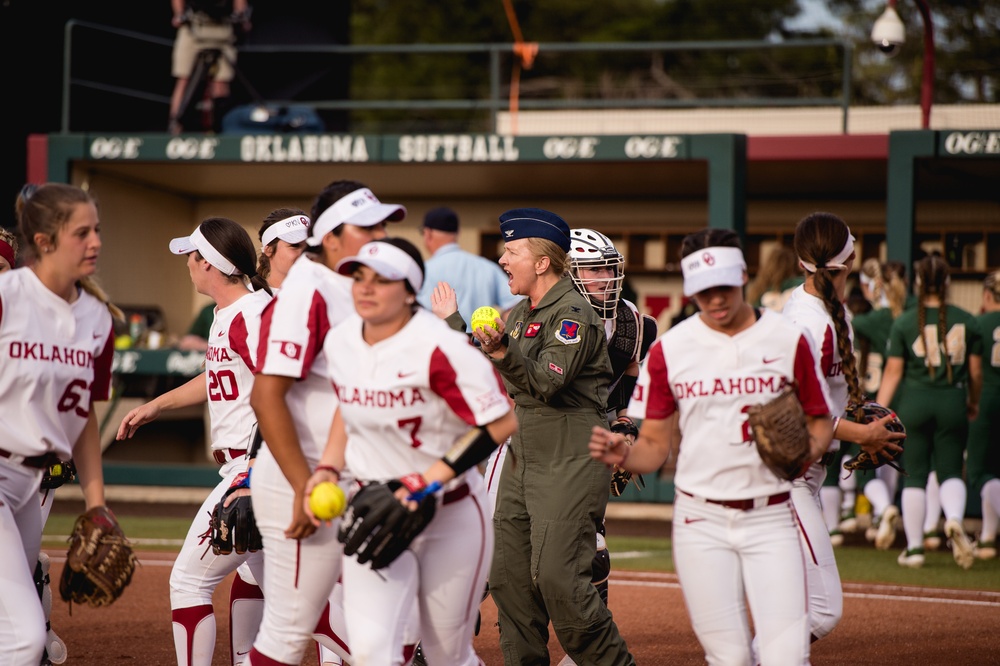 513th Air Control Group Commander throws first pitch for OU Softball