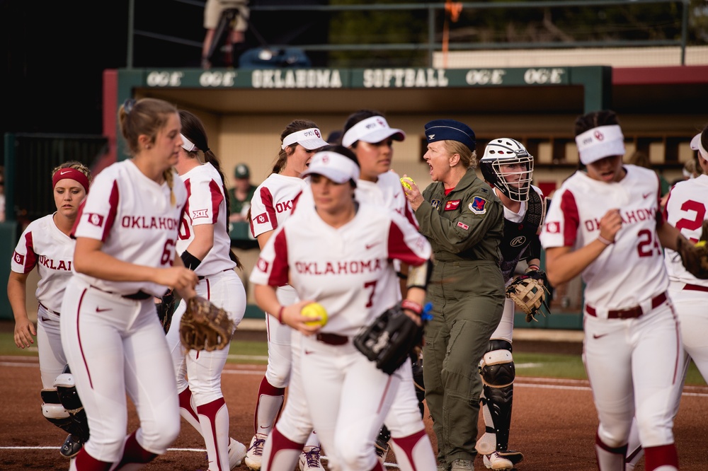 513th Air Control Group Commander throws first pitch for OU Softball