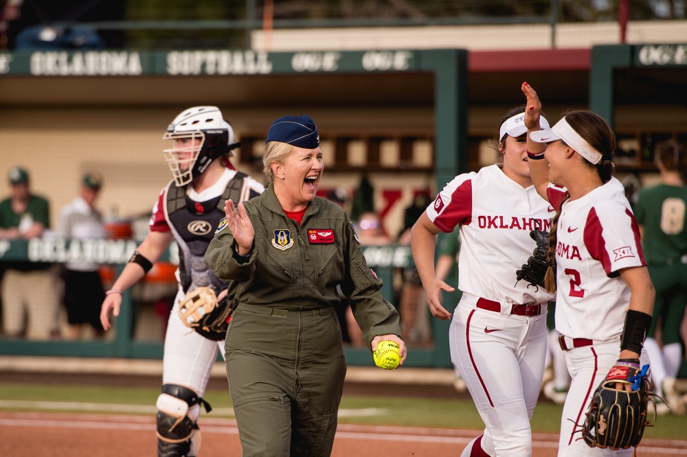 513th Air Control Group Commander throws first pitch for OU Softball