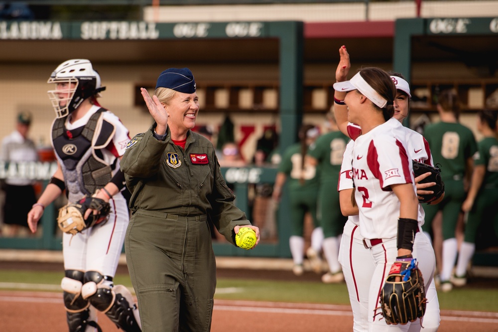 513th Air Control Group Commander throws first pitch for OU Softball