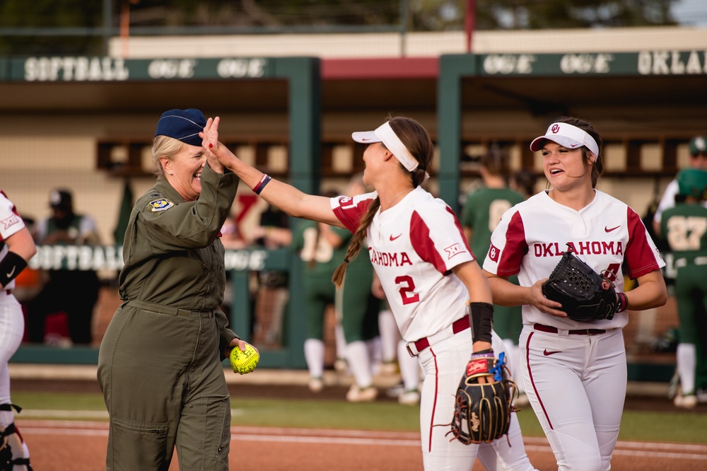 513th Air Control Group Commander throws first pitch for OU Softball